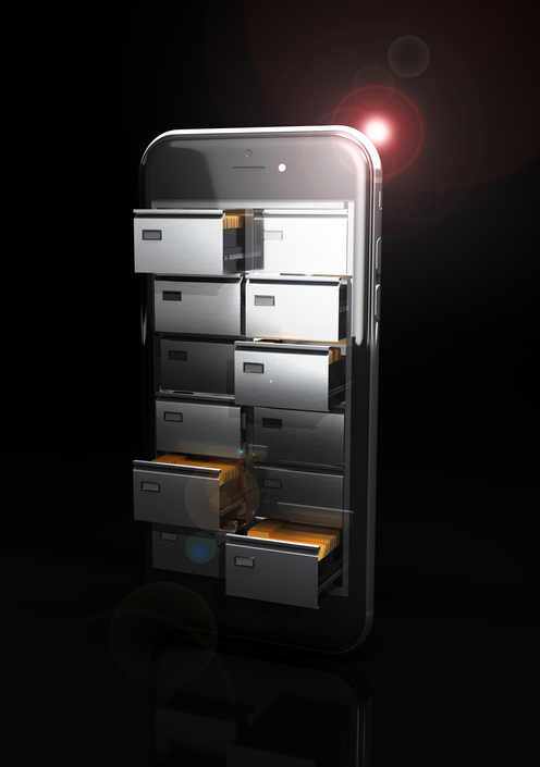 Save of data concept. Cupboard with card files in the screen of the phone. 3d illustration